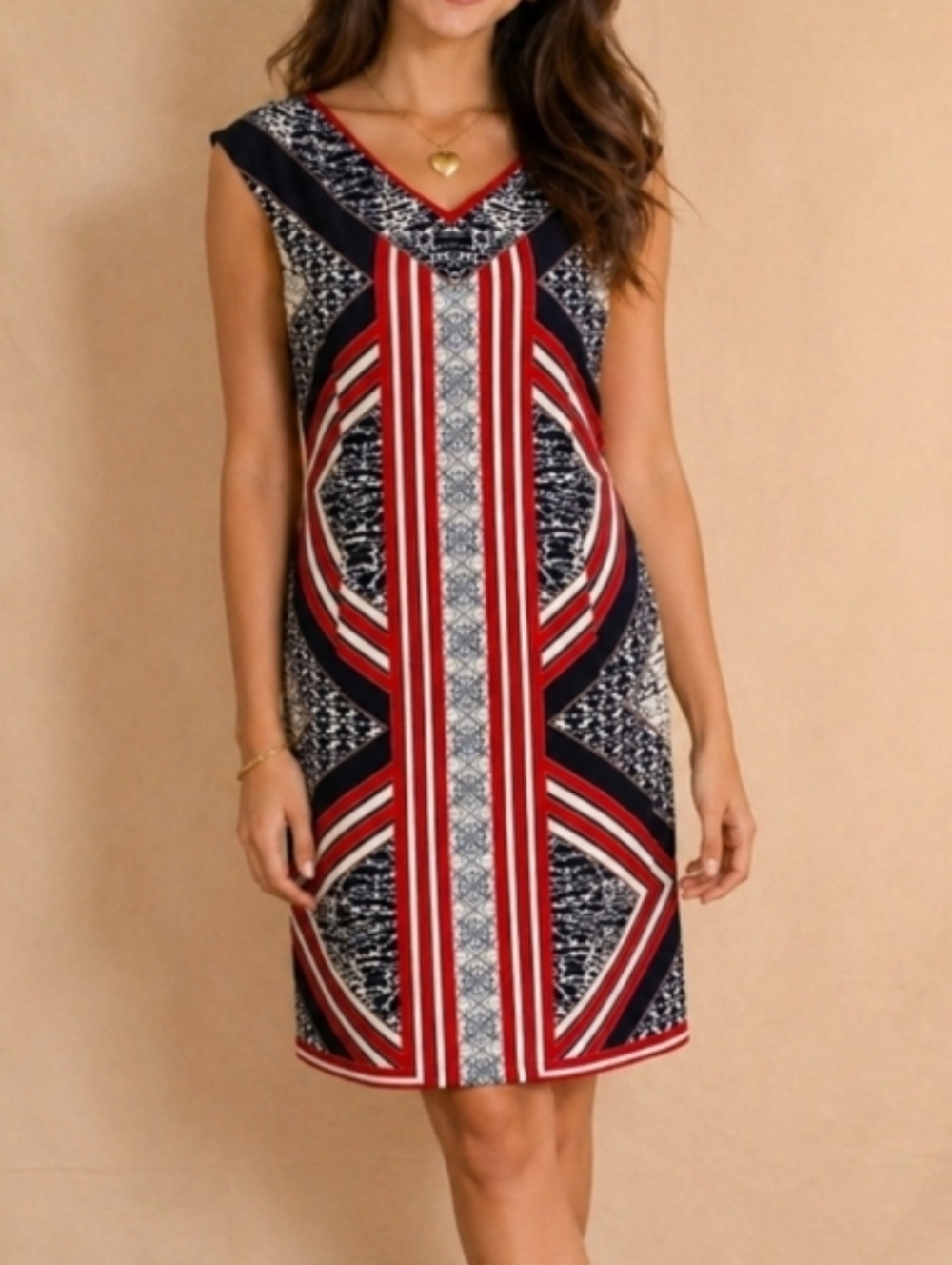 ‼️3 for $60‼️  Maggie London Red Multicolored Geometric Pattern Sheath Dress
